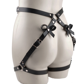 Black Leather Booty & Bow Harness with Wrist Cuffs - Rose Gold, Silver or Gold Hardware