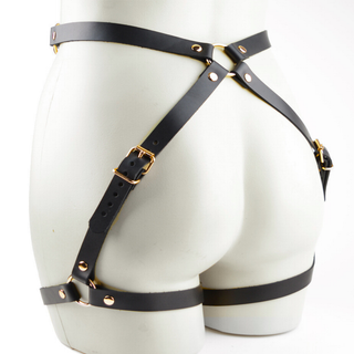 Black Leather Booty Harness with Wrist Cuffs - Rose Gold, Silver or Gold Hardware