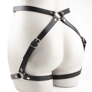 Black Leather Booty Harness with Wrist Cuffs - Rose Gold, Silver or Gold Hardware