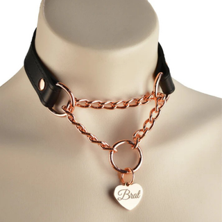 Black Custom Engraved Leather Martingale Day Collar - Rose Gold Love Heart Pendant