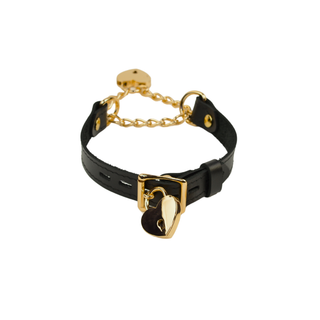 Black Leather Martingale Collar with Love Heart Padlock Pendant - Rose Gold, Silver or Gold Hardware