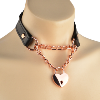 Black Leather Martingale Collar with Love Heart Padlock Pendant - Rose Gold, Silver or Gold Hardware