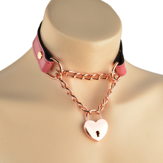 Pink Leather Martingale Collar with Love Heart Padlock Pendant - Rose Gold, Silver or Gold Hardware