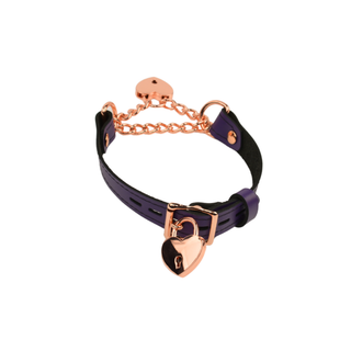 Purple Leather Martingale Collar with Love Heart Padlock Pendant - Rose Gold, Silver or Gold Hardware