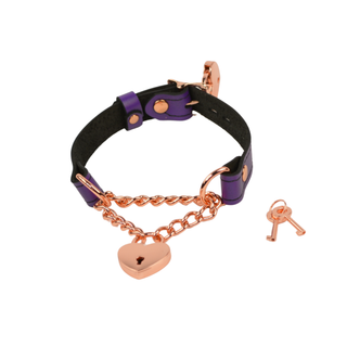 Purple Leather Martingale Collar with Love Heart Padlock Pendant - Rose Gold, Silver or Gold Hardware
