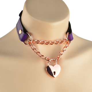 Purple Leather Martingale Collar with Love Heart Padlock Pendant - Rose Gold, Silver or Gold Hardware