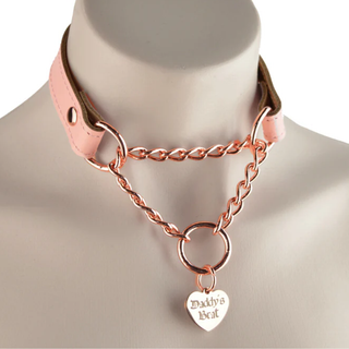 Blush Pink Custom Engraved Leather Martingale Day Collar - Rose Gold Love Heart Pendant
