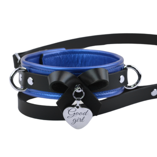 Blue Metallic Leather Premium Bow Collar with Custom Engraved Silver Pendant and Leash
