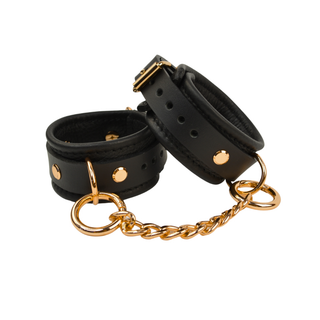 Bondage Wrist Cuffs with Chain Connector - Black Leather with Rose Gold, Silver or Gold Hardware