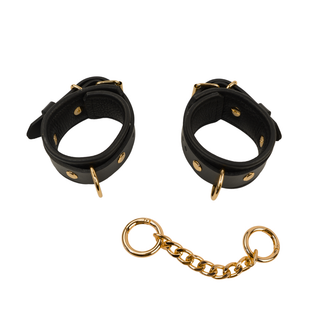 Bondage Wrist Cuffs with Chain Connector - Black Leather with Rose Gold, Silver or Gold Hardware