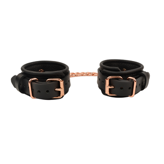 Bondage Wrist Cuffs with Chain Connector - Black Leather with Rose Gold, Silver or Gold Hardware