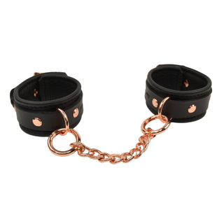 Bondage Wrist Cuffs with Chain Connector - Black Leather with Rose Gold, Silver or Gold Hardware