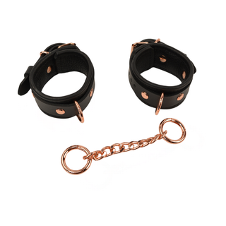 Bondage Wrist Cuffs with Chain Connector - Black Leather with Rose Gold, Silver or Gold Hardware