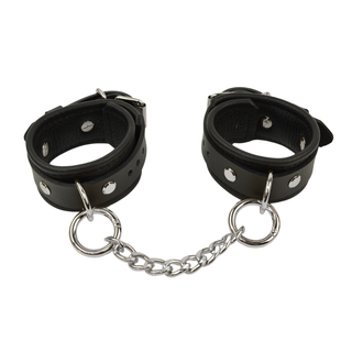 Bondage Wrist Cuffs with Chain Connector - Black Leather with Rose Gold, Silver or Gold Hardware