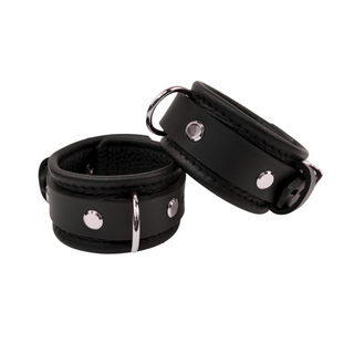 Bondage Wrist Cuffs with Chain Connector - Black Leather with Rose Gold, Silver or Gold Hardware