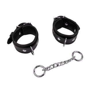 Bondage Wrist Cuffs with Chain Connector - Black Leather with Rose Gold, Silver or Gold Hardware