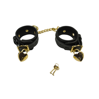 Bondage Wrist Cuffs with Chain Connector - Black Leather with Rose Gold, Silver or Gold Hardware