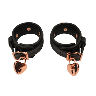 Bondage Wrist Cuffs with Chain Connector - Black Leather with Rose Gold, Silver or Gold Hardware