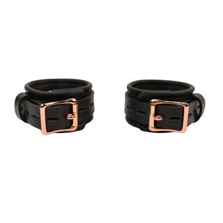 Bondage Wrist Cuffs with Chain Connector - Black Leather with Rose Gold, Silver or Gold Hardware