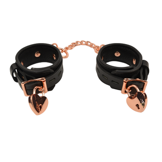 Bondage Wrist Cuffs with Chain Connector - Black Leather with Rose Gold, Silver or Gold Hardware