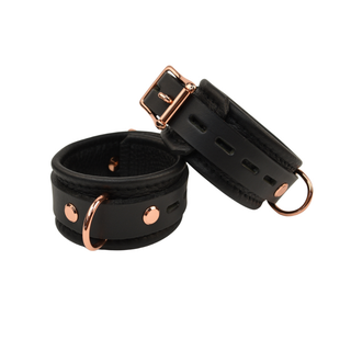 Bondage Wrist Cuffs with Chain Connector - Black Leather with Rose Gold, Silver or Gold Hardware