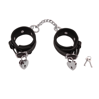 Bondage Wrist Cuffs with Chain Connector - Black Leather with Rose Gold, Silver or Gold Hardware