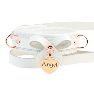 All White Leather Bow Premium BDSM Collar & Leash with Custom Engraved Pendant