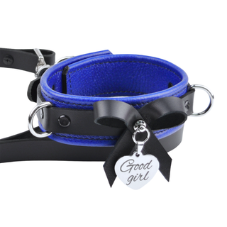 Deep Blue Leather Bow Collar With Custom Engraved Silver Love Heart Pendant and Leash