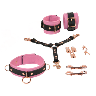 Princess Pink & Rose Gold Leather Bondage Restraint Set Wrist Cuffs & Collar With 3-Way Connector