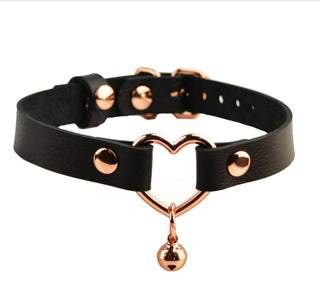 Secret Message Custom Engraved Leather Collar with Rose Gold Heart & Kitten Bell