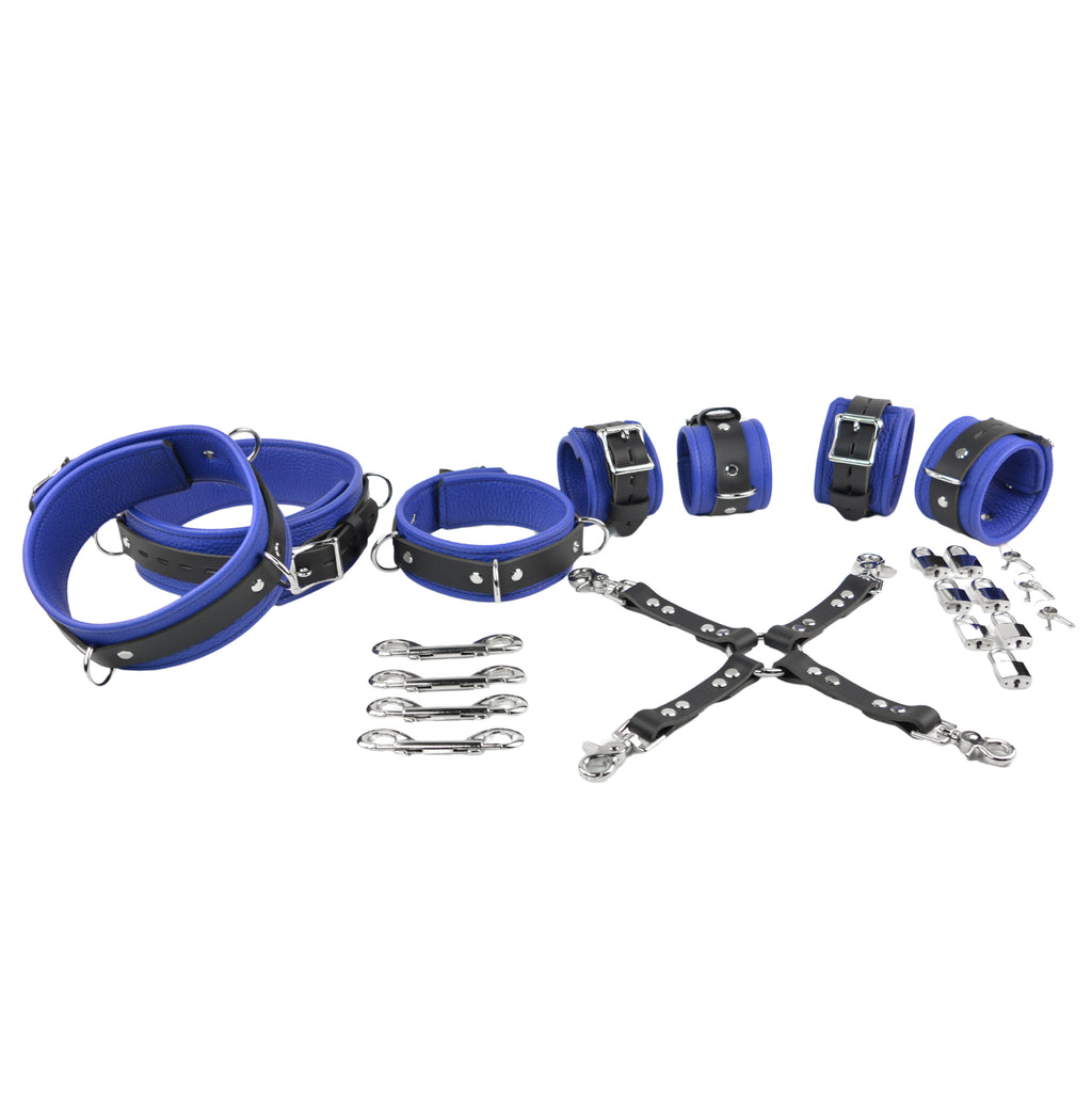 Premium Deep Blue Leather & Steel Restraint Set - Wrist, Ankle & Thigh ...