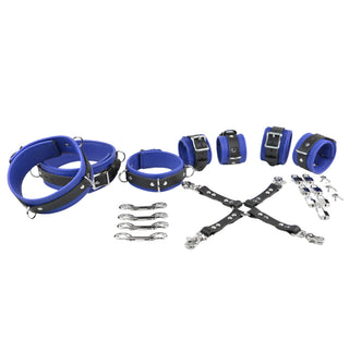Premium Deep Blue Leather & Steel Restraint Set - Wrist, Ankle & Thigh Cuffs, Collar, Cross Connector, Snap Hooks & Steel Padlocks