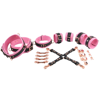 Princess Pink Leather & Rose Gold Restraint Set - Wrist & Ankle Cuffs, Collar, Cross Connector, Snap Hooks & Rose Gold Padlocks