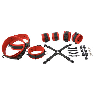 Premium Red Leather & Black Hardware Set - Wrist, Ankle & Thigh Cuffs, Collar, Cross Connector, Snap Hooks & Padlock