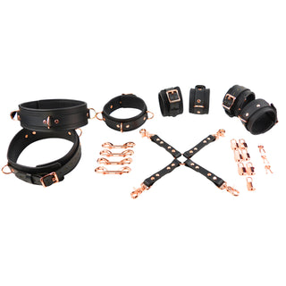Premium Black Leather & Rose Gold Restraint Set - Wrist, Ankle & Thigh Cuffs, Collar, Cross Connector, Snap Hooks & Padlock