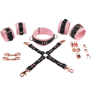 Premium Blush Pink Leather & Steel Restraint Set - Wrist & Ankle Cuffs, Collar, Cross Connector, Snap Hooks & Padlocks
