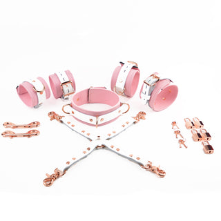 Premium Blush Pink and White Leather & Steel Restraint Set - Wrist & Ankle Cuffs, Collar, Cross Connector, Snap Hooks & Padlocks