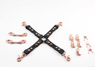 Black and Blush Pink Leather with Rose Gold Bondage Restraint Set | Collar Wrist and Ankle Cuffs, Connectors Locks