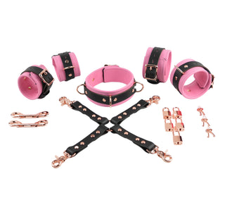Premium Princess Pink Leather & Steel Restraint Set - Wrist & Ankle Cuffs, Collar, Cross Connector, Snap Hooks & Padlocks