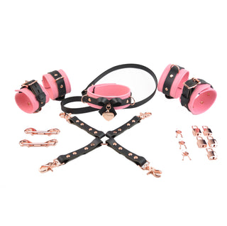 Limited Edt. Princess Pink Leather Premium Restraint Set - Wrist & Ankle Cuffs, Custom Engraved Bow Collar & Leash, Cross Connector, Snap Hooks & Rose Gold Padlocks