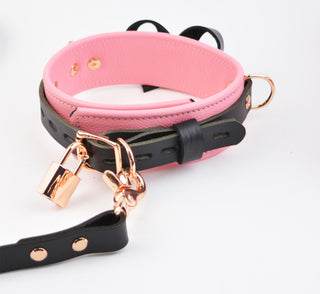 Limited Edt. Princess Pink Leather Premium Restraint Set - Wrist & Ankle Cuffs, Custom Engraved Bow Collar & Leash, Cross Connector, Snap Hooks & Rose Gold Padlocks