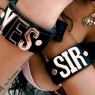 Black Leather Wrist Cuffs with Custom Rose Gold Large Lettering - Yes Sir