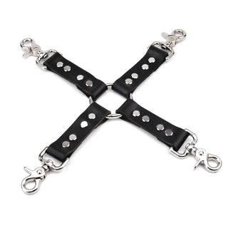 Black Leather & Steel Restraint Set - Wrist & Ankle Cuffs, Collar, Cross Connector, Snap Hooks & Silver Padlocks