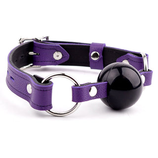 Purple Leather Premium Single Strap Ball Gag - Black Ball