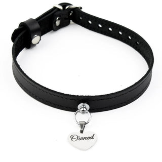 Black Leather Amare Day Collar with Custom Engraved Silver Love Heart Pendant - 'Owned'