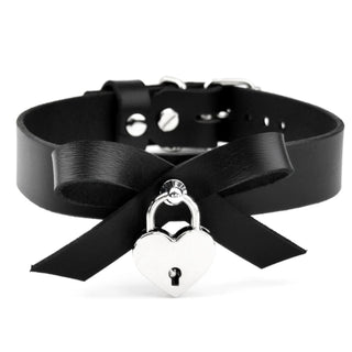 Black Leather Collar With Bow & Silver Love Heart Padlock