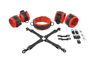 Red Leather & Black Hardware Restraint Set - Wrist & Ankle Cuffs, Collar, Cross Connector, Snap Hooks & Silver Padlocks
