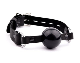 Black Leather & Steel Premium Single Strap Ball Gag - Black Ball