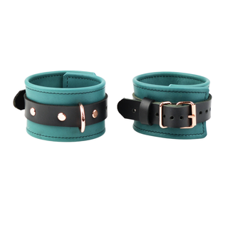 Premium Teal Green & Rose Gold BDSM Leather Restraint Set - Wrist & Ankle Cuffs and Collar