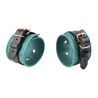 Premium Teal Green & Rose Gold BDSM Leather Restraint Set - Wrist & Ankle Cuffs and Collar